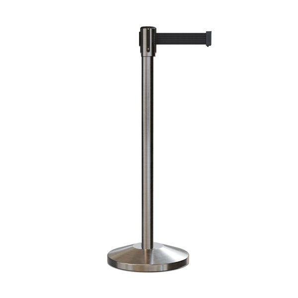 Montour Line Retractable Belt Barrier Stanchion, 2" Sat.Steel Post  7.5'Black Belt M530-SS-BK-75